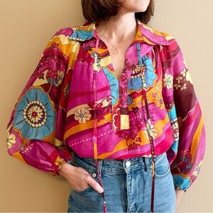 Ciebon Elisa Print Bohemian Floral Tie Neck Top Sz XS